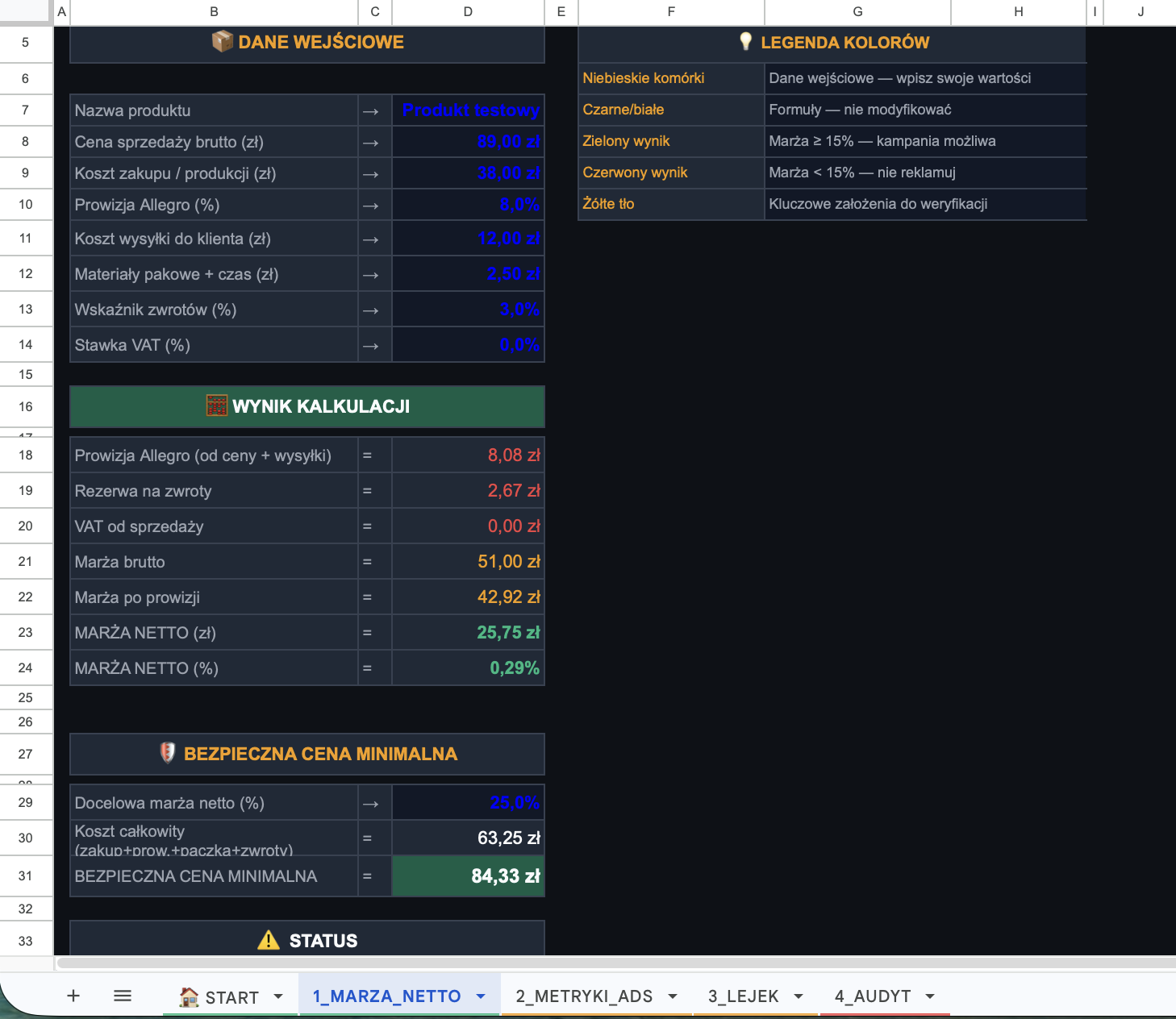 Kalkulator Ads — zakładka Marża Netto