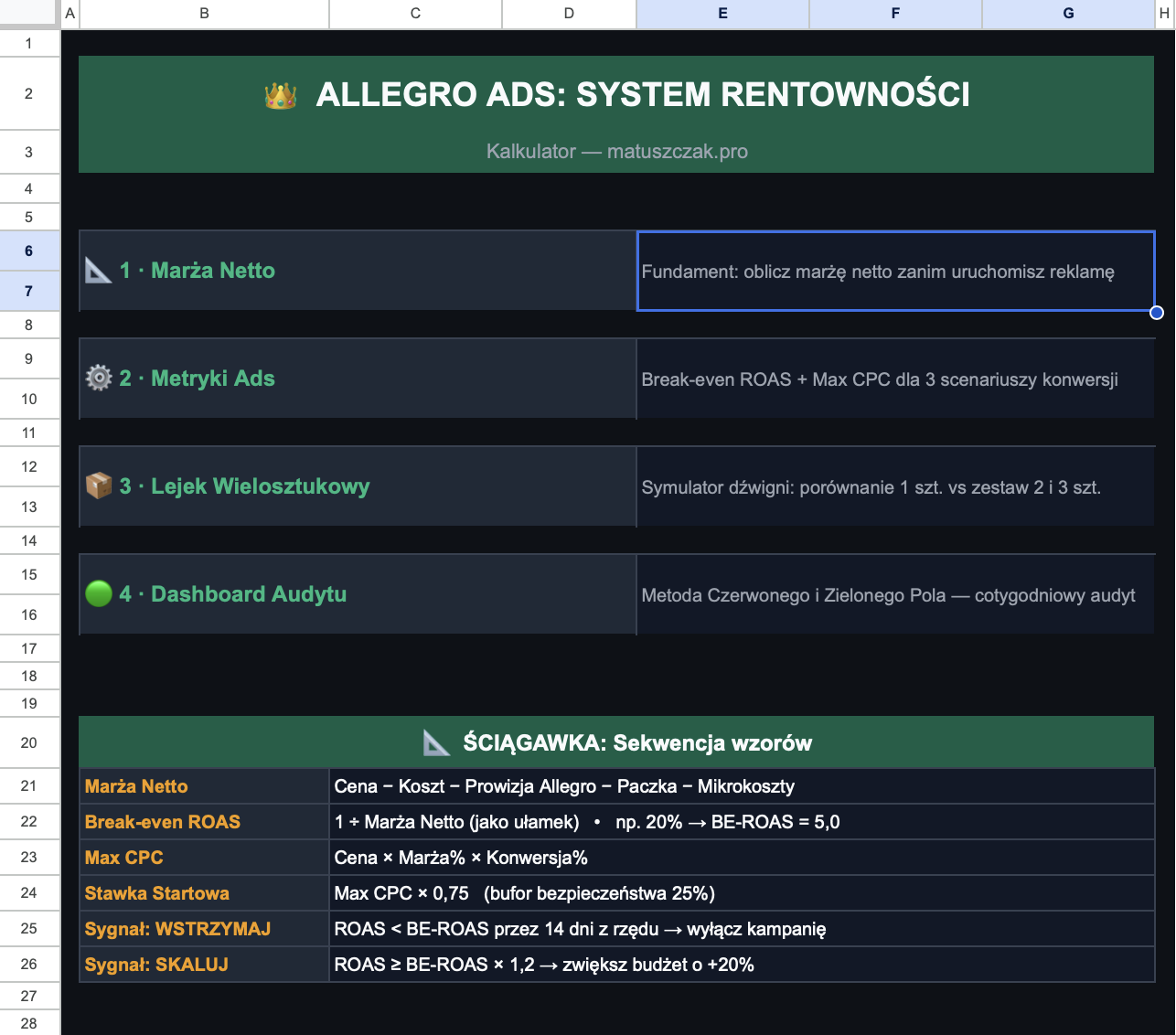 Kalkulator Ads — zakładka START